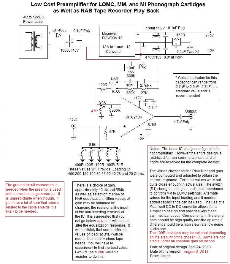 OPA2134 Op-amp MM MC RIAA Phono Preamplifier Schematic