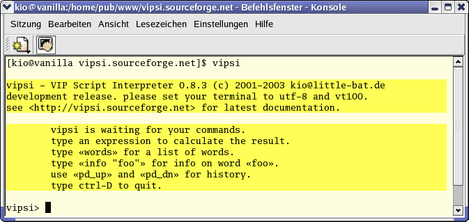 screenshot shows startup messages of vipsi